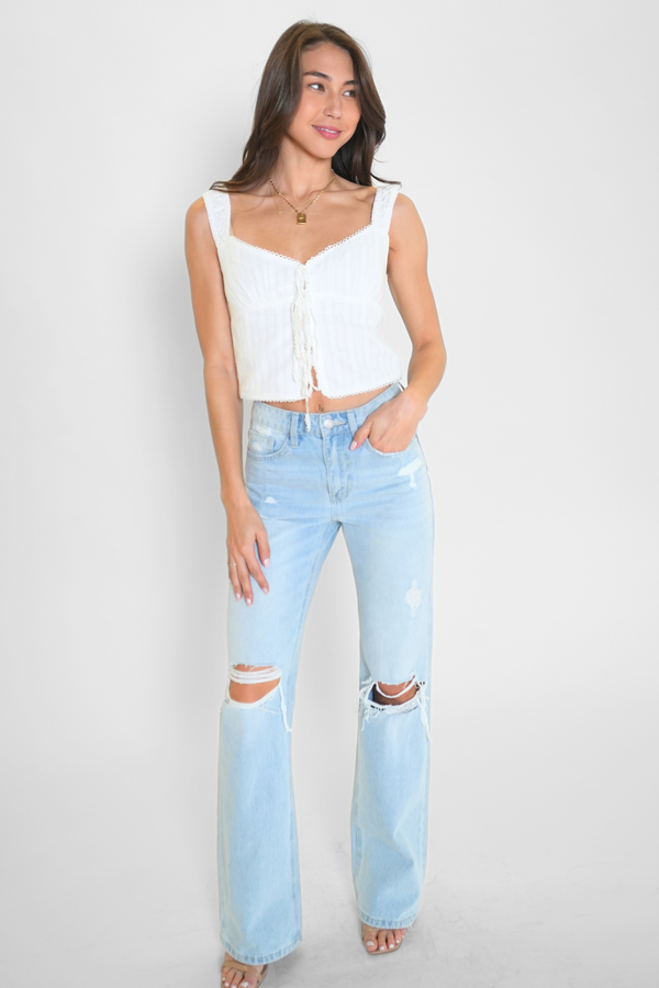 Swiss Dot lace Up Front Flyaway Top