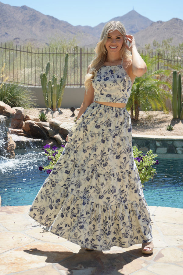 Floral Sleeveless Crop Top & High Waisted Maxi Skirt SET
